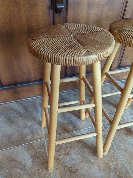 Wood Bar Stools with Woven Seats, 29.5"