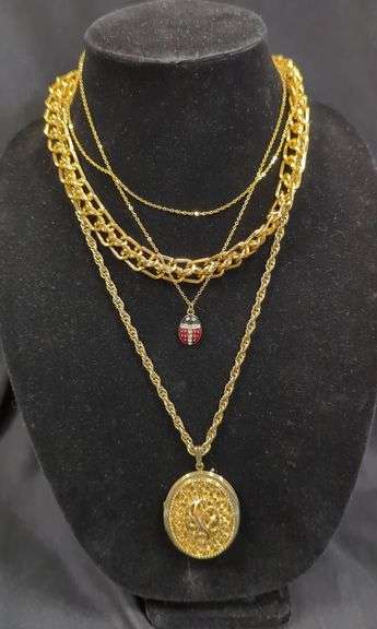 Ladies Gold Tone Sarah Coventry Locket Necklace, Rhinestone Ladybug Pendant with Gold Tone Chain, and Double Link Chain Necklace Total Qty 4