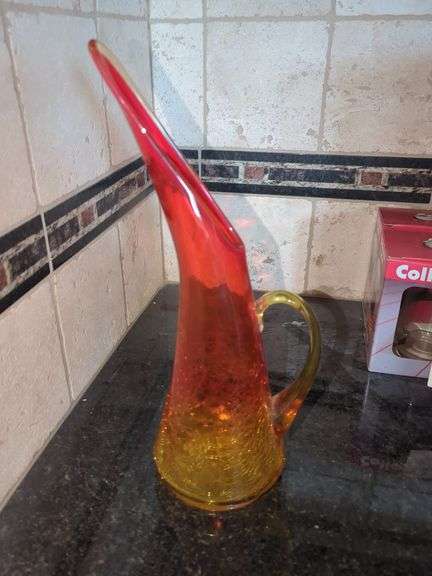 Blown Glass Pitcher, 13" and Iridescent Glass Vase