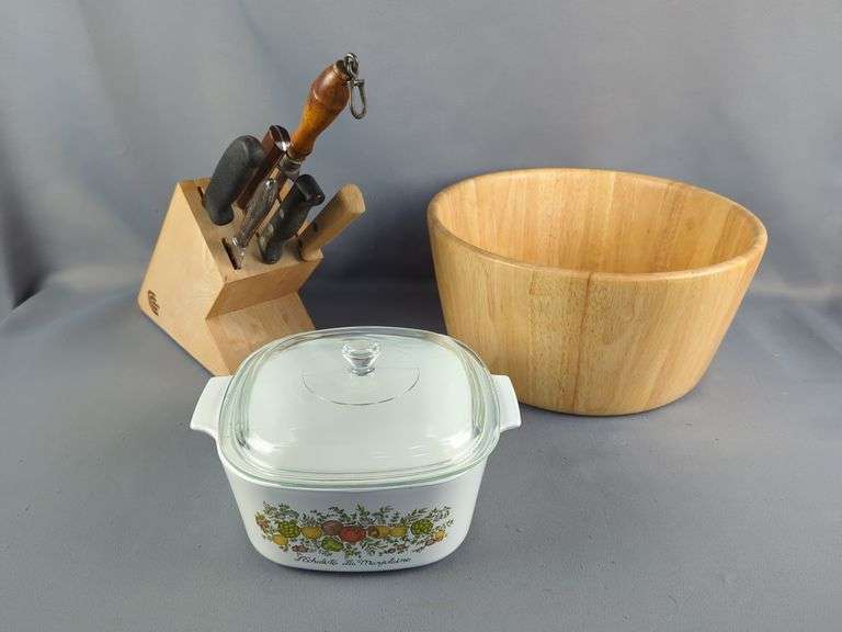 CorningWare Casserole Dish, Knife Set with Block, and Wooden Bowl