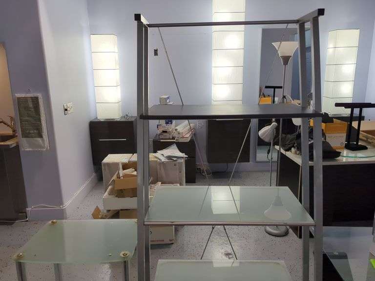 Rolling Glass Shelf Side Table And Glass Shelf Display Unit