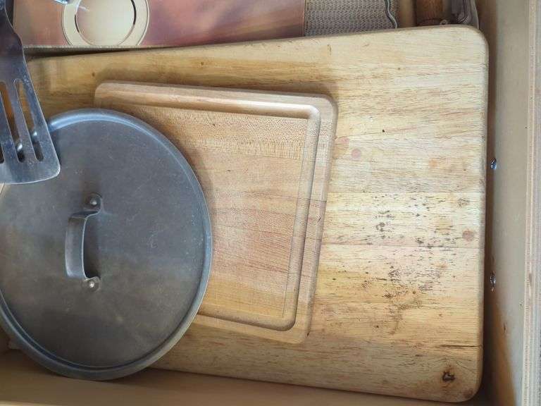 Assorted Kitchenware Including Wood Cutting Board, Cooking Utensils And More, Contents Of 2 Drawers