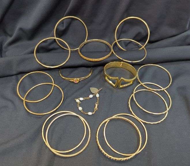 Ladies Gold Tone Bangle Bracelets, Qty 14, Cuff Bracelets, Qty 2 And Childs Charm Bracelet