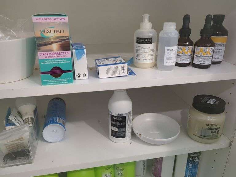 Salon Hair Care Products - L'Oreal Developer, Malibu Color Correction, Redken Blonde Icing And More, Contents Of Cabinet