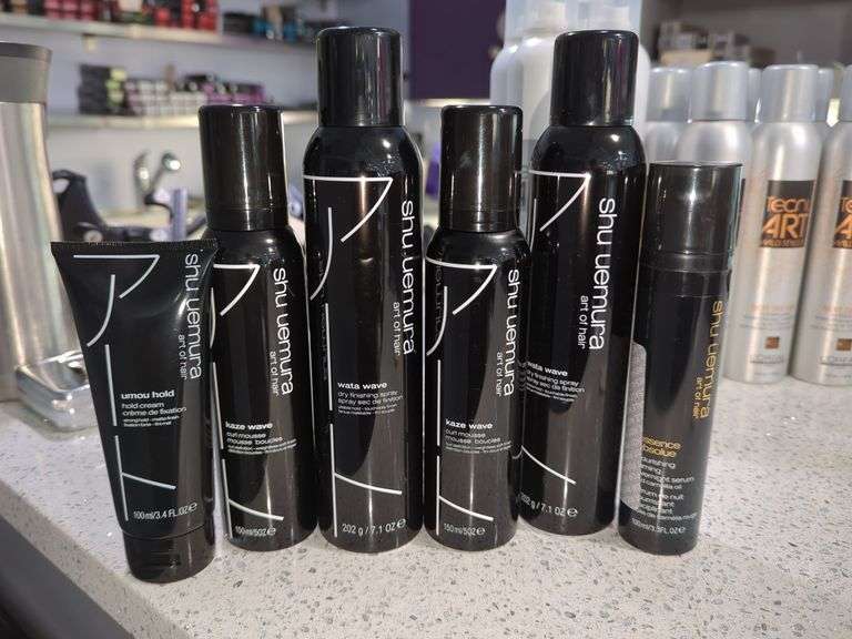 Shu Uemura Art of Hair Styling Products Including Curl Mousse, Wata Wave Dry Finishing Spray And Essence Absolue Overnight Serum, Qty 6