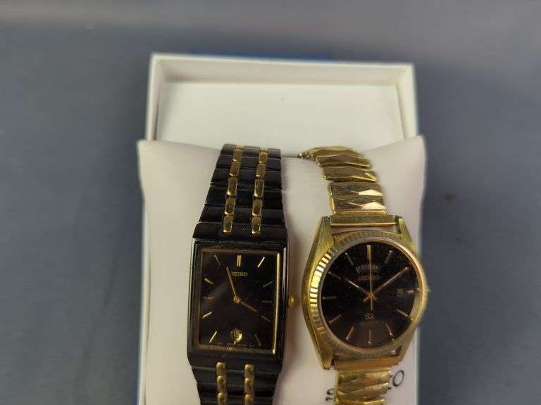 Seiko Black Toned Stainless Steel+Base Metal Watch, In Box With Spare Links, And Seiko SQ Gold Toned Base Metal+Stainless Steel Back Watch