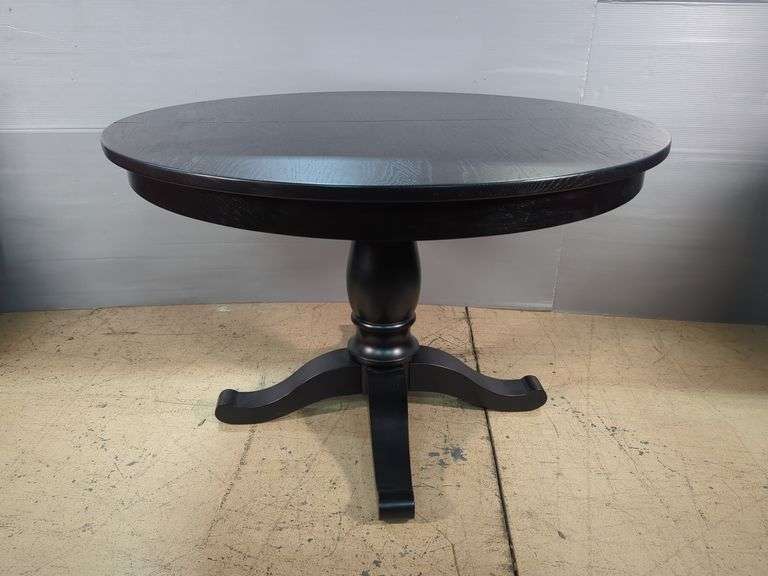 Grandin Road Round Black Dining Table with Four Red Upholstered Chairs