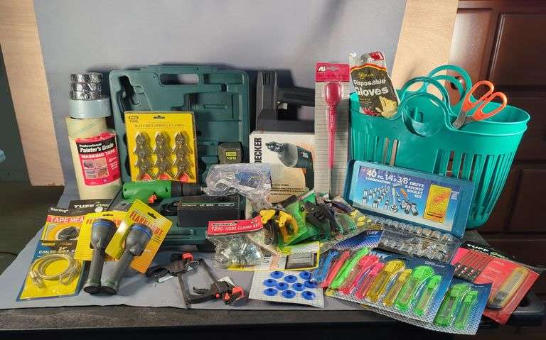 Hitachi FDS 10DVA Cordless Drill With Charger, Batteries, Qty 2, And Carrying Case, Western Auto 40pc 1/4" & 3/8" Ratchet Socket Set, Swingline Corded Nailer, And More