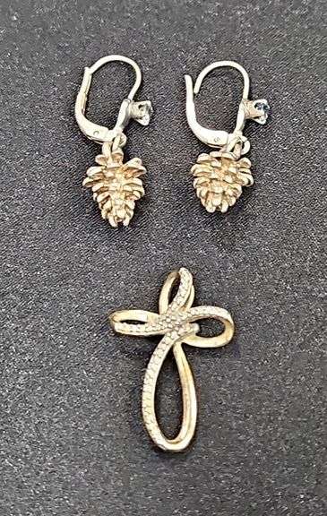 Sterling Silver Pinecone Earrings & Cross Pendant