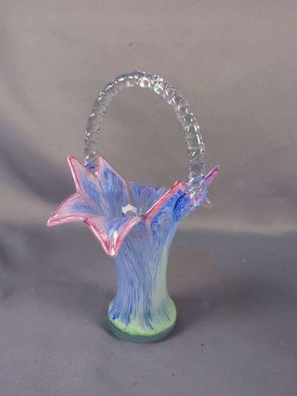 Art Glass Basket Vase and Pedestal Bowl