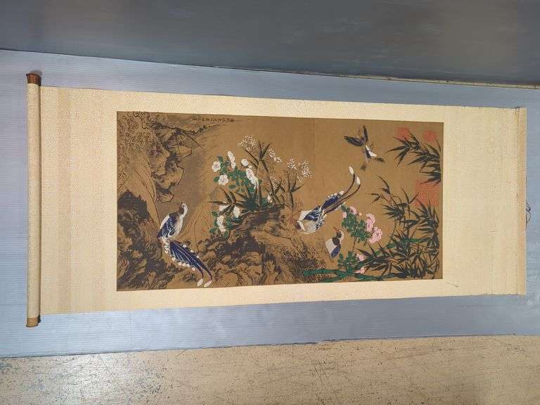 Vajrasattva Framed Print, 20.75" X 17.75" And Chinese Scroll Print Of Flowers And Birds. 56" X 23.5"