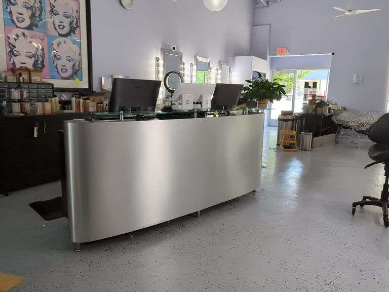 Salon Reception Curved Front Desk with Glass Countertop and Storage, Thursday Pick Up ONLY