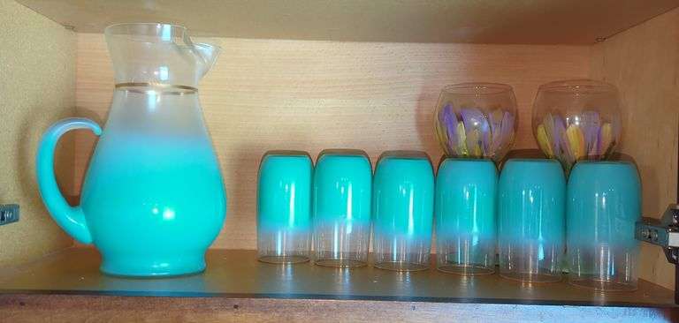 Ombre Pitcher With 6 Matching Glasses And Hand Painted Wine Glasses, Qty 2