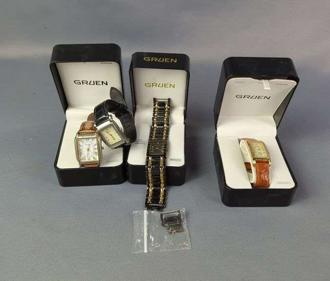 Gruen Watches, Qty 4, Various Styles, One Is Still Strapped Inside Its Box And Appears New, Includes 2 Additional Boxes