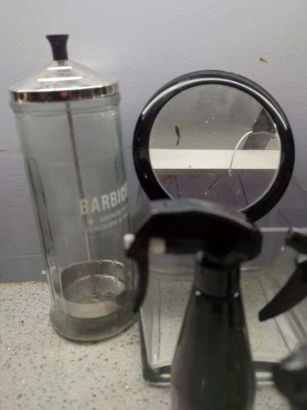 Salon Supplies Including Spray Bottles, Combs, Brushes, Mirror & Barbicide Jar