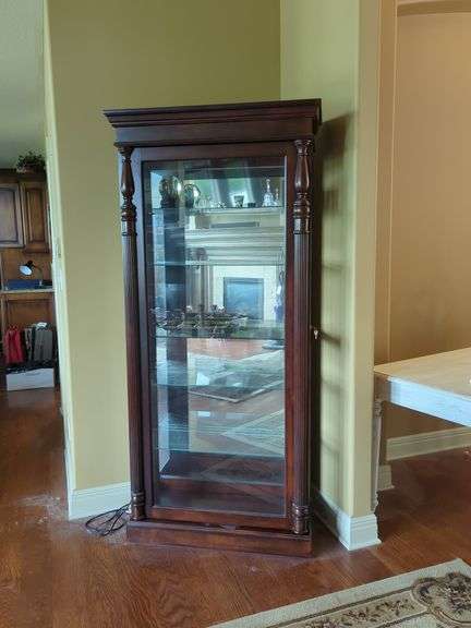 Lighted Display Cabinet with Glass Shelves And Sliding Door Front