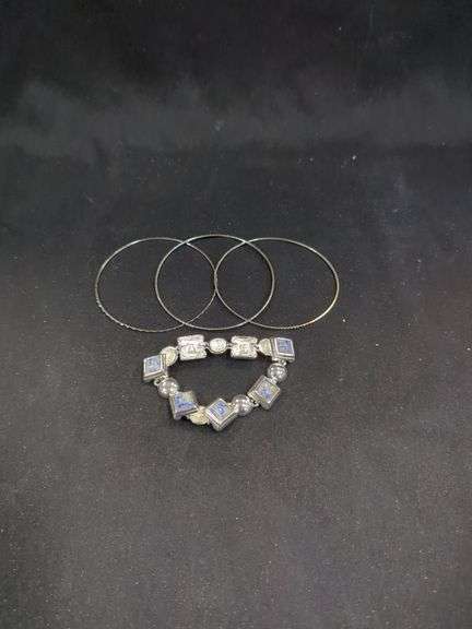 Ladies Silver Tone Bangle Bracelets, and Tennis Bracelet With Magnetic Closure Qty 6