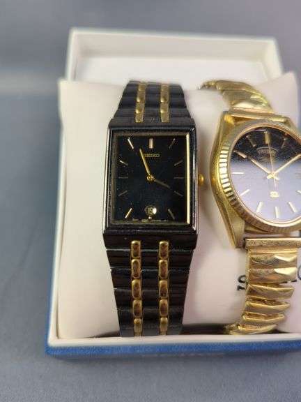 Seiko Black Toned Stainless Steel+Base Metal Watch, In Box With Spare Links, And Seiko SQ Gold Toned Base Metal+Stainless Steel Back Watch