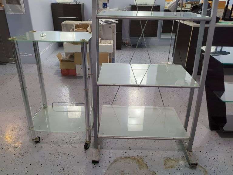 Rolling Glass Shelf Side Table And Glass Shelf Display Unit