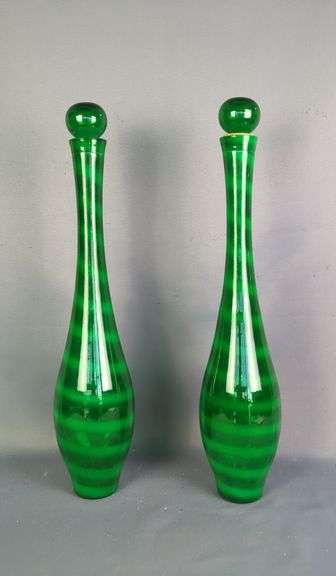 Pair of Green Glass Decanters with Stopper
