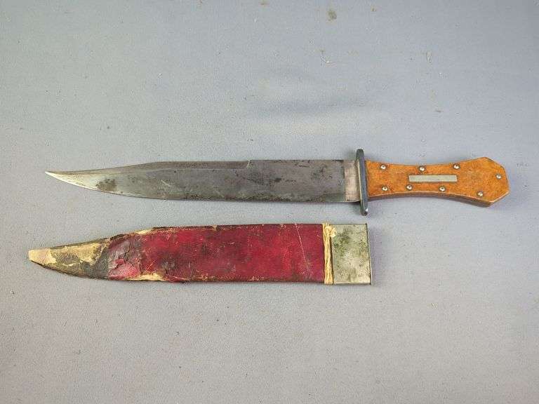 Imco Original Bowie Knife, 6" Blade, Hanson Fixed Blade Knife, 5.5" Blade, And L. Lutner Fixed Blade Knife, 10.5", All In Leather Sheaths