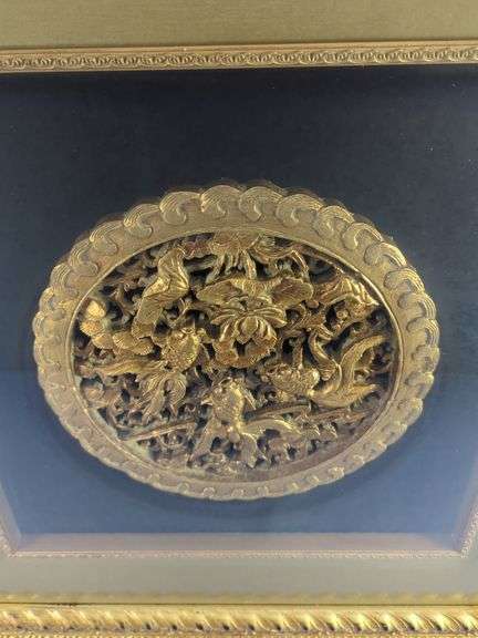 Framed Carved Giltwood Panel with Floral and Fish Motif