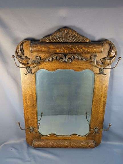 Ornate Hand Carved Hall Mirror With Coat Hooks