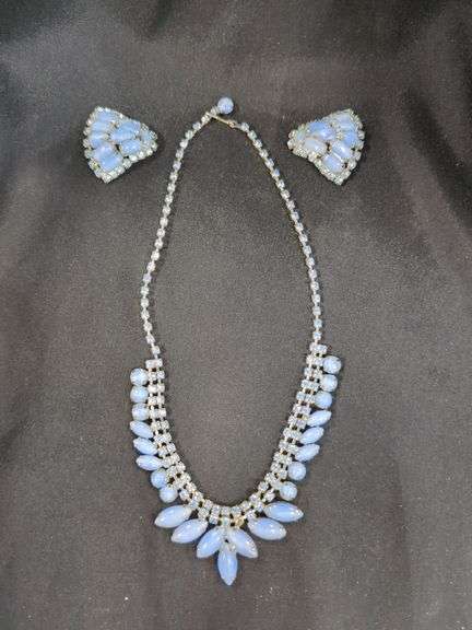 Ladies Rhinestone And Moonstone Necklace With Clip-On Earrings