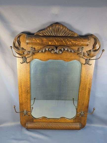 Ornate Hand Carved Hall Mirror With Coat Hooks