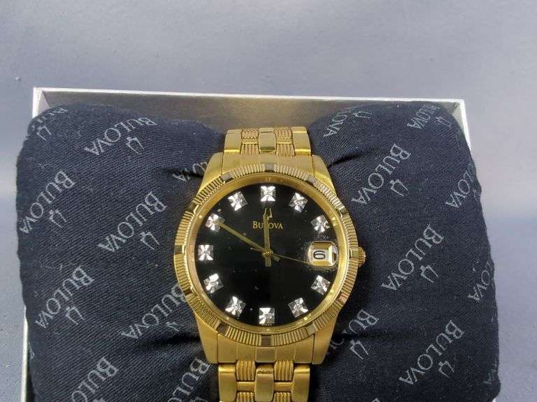 Bulova Gold Toned Stainless Steel Watch With Hour Diamond Accents, In Box With Spare Links And Owner's Guide