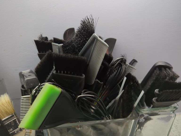 Salon Supplies Including Spray Bottles, Combs, Brushes, Mirror & Barbicide Jar