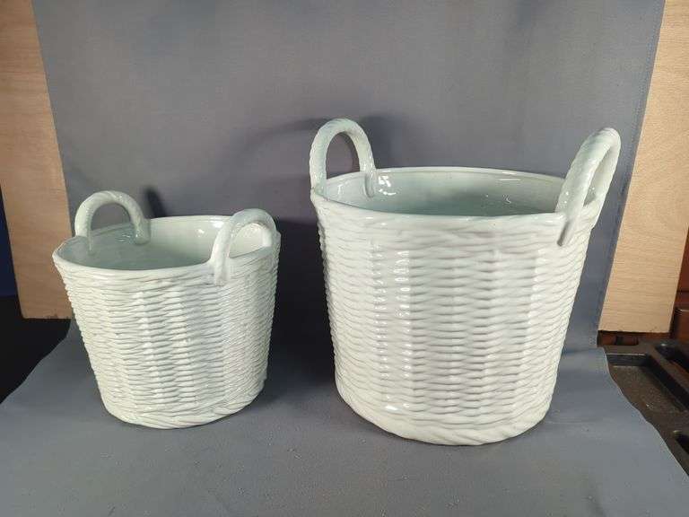 Ceramic Flower Pots, Qty 2, 12" x12 1/2" And 16" x 16", Woven Basket 6" x 10 1/2", Footstool 9 1/2" x 16" x 10", And Runner, 16 1/2" x 78"