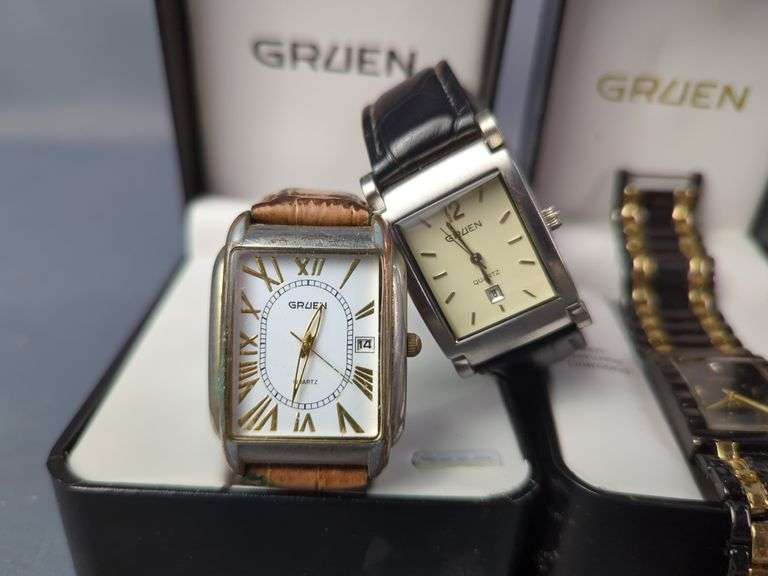 Gruen Watches, Qty 4, Various Styles, One Is Still Strapped Inside Its Box And Appears New, Includes 2 Additional Boxes