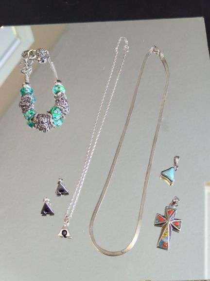 Sterling Silver Jewelry Including Pendants, Qty 2 And Earrings And Brighton Charm Bracelet, Murano Style Cross Pendant, Earrings And More