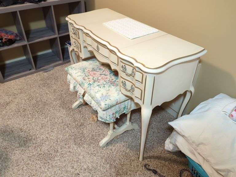 Vanity Table with Mirror and Upholstered Floral Stool