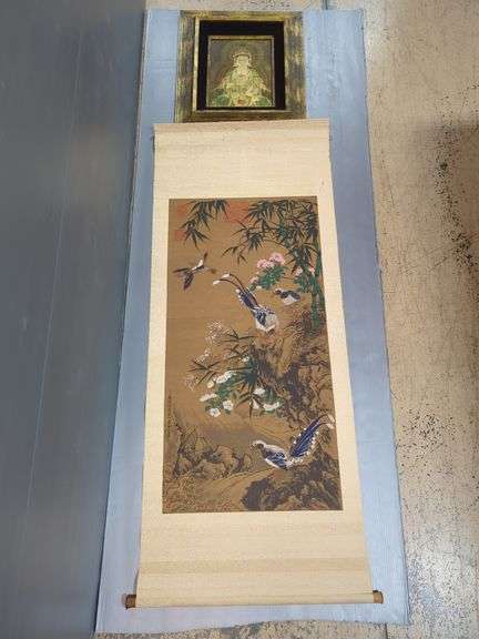 Vajrasattva Framed Print, 20.75" X 17.75" And Chinese Scroll Print Of Flowers And Birds. 56" X 23.5"
