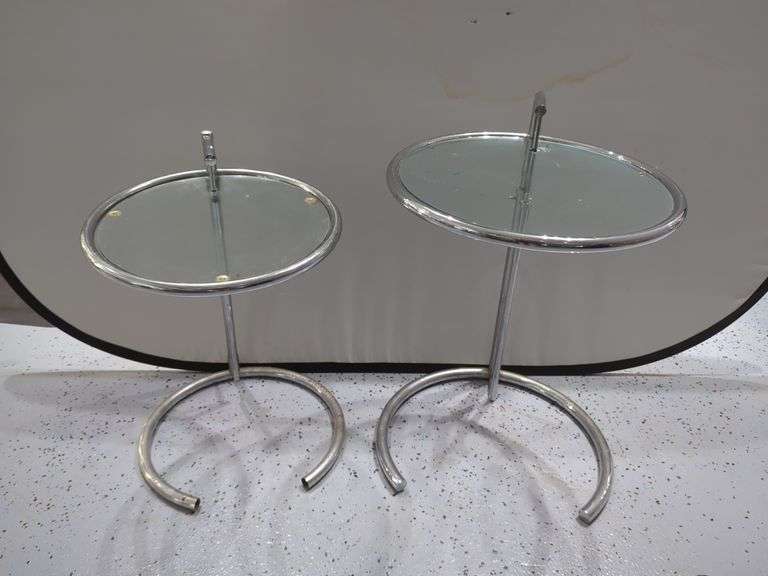 Circular Chrome and Glass Adjustable Height Tables, Qty 2