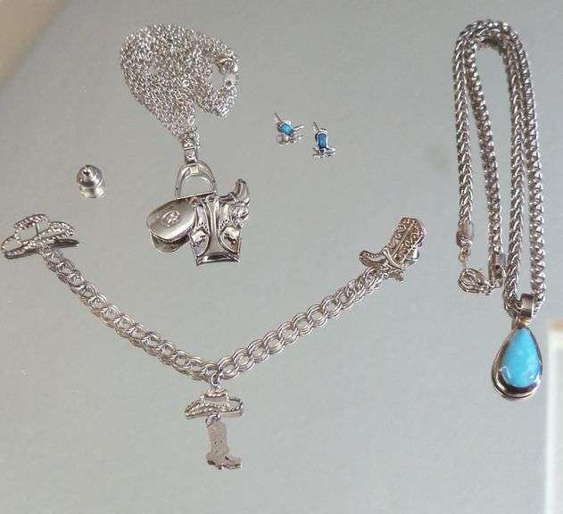 Sterling Silver Western Theme Jewelry Including Cowboy Boot Turquoise Earrings, Charm Sweater Pin And More