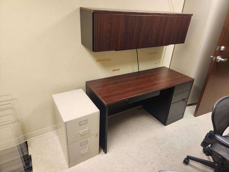 Desk With Overhead Storage, And 2 Drawer File Cabinet