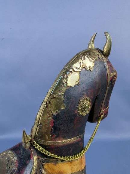 Hand Carved Wooden Horse Statue With Brass Accents