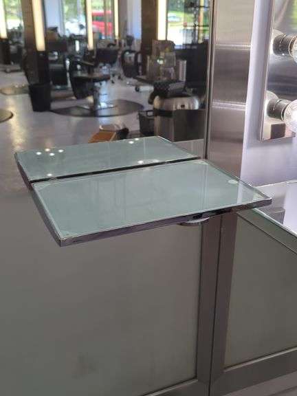 Full Length Brushed Metal Framed Mirror With Attached Mirrored Shelf/Tray