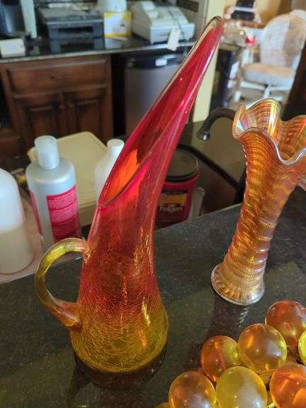 Blown Glass Pitcher, 13" and Iridescent Glass Vase