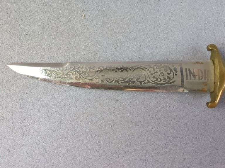 Fixed Blade Knife Made In India With Embossed Blade, Brass Guard And Pommel, And 'Deg Tegh Fateh' Written On Blade (Victory To Charity And Arms In Punjabi), 5" Blade, In Scabbard