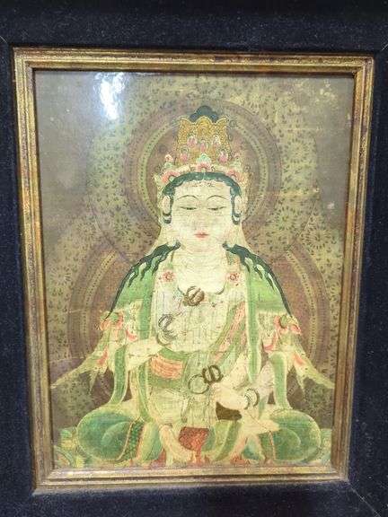 Vajrasattva Framed Print, 20.75" X 17.75" And Chinese Scroll Print Of Flowers And Birds. 56" X 23.5"