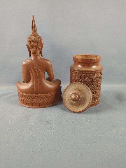 Carved Wood Buddha Statue And Floral Canister Set