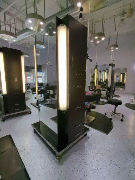 Double Sided Salon Styling Station With Rollout Storage And Power Supply On Casters