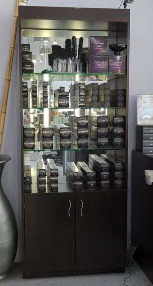 Salon Display Cabinet With Mirrored Back, Glass Shelves And Lower Storage, Contents NOT Included, Thursday Pick Up ONLY