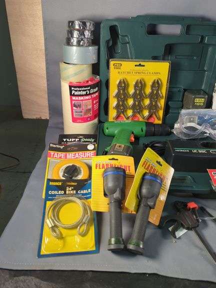 Hitachi FDS 10DVA Cordless Drill With Charger, Batteries, Qty 2, And Carrying Case, Western Auto 40pc 1/4" & 3/8" Ratchet Socket Set, Swingline Corded Nailer, And More