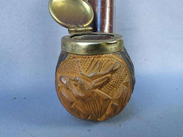 Carved Wood Tobacco Pipe with Lid