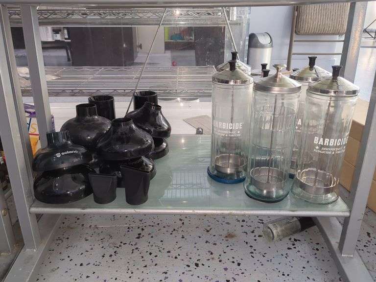 Salon Hair Dryer Attachments And Barbicide Disinfectant Jars